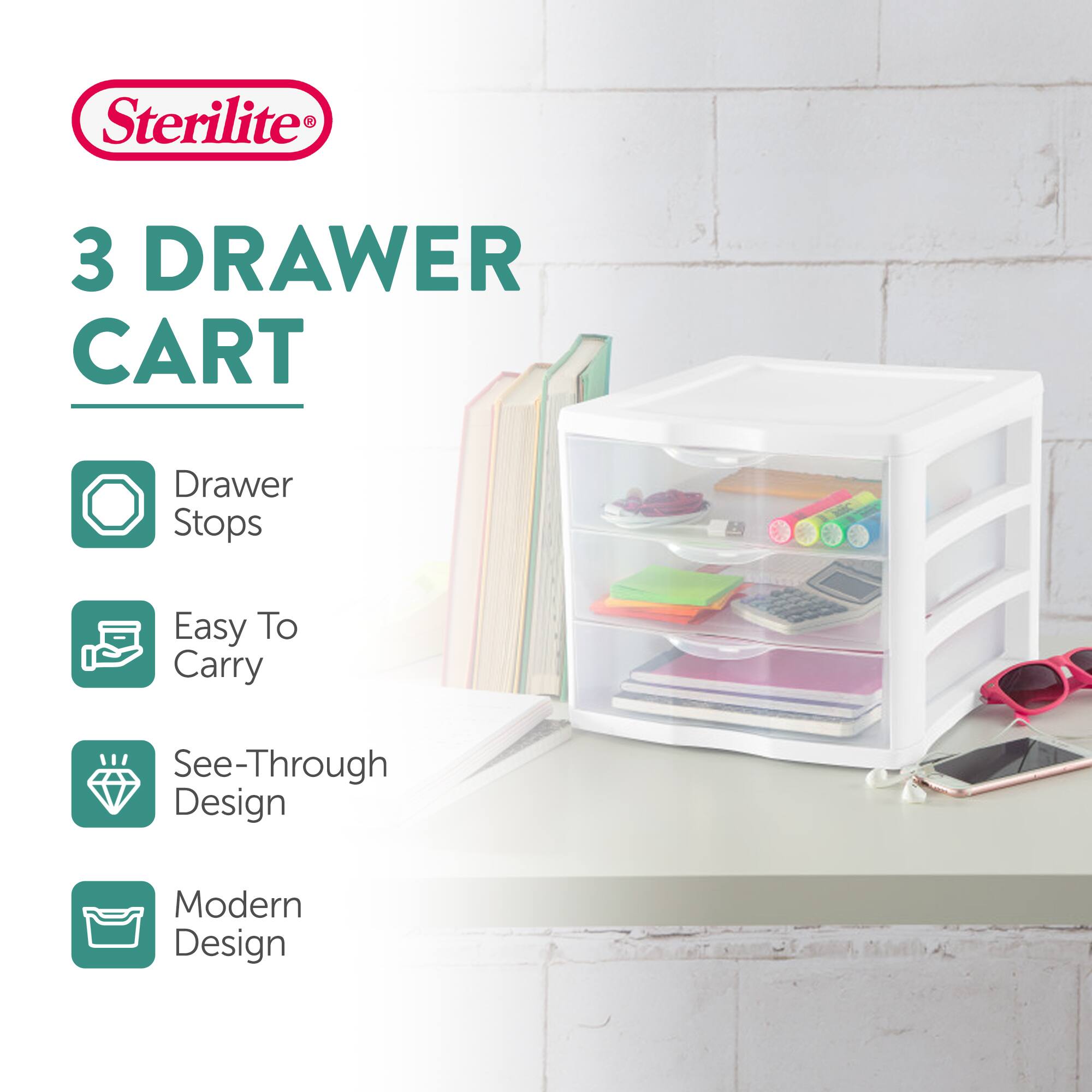 Sterilite  
3 Drawer Cart  
- Drawer Stops  
- Easy to Carry  
- See-Through Design  
- Modern Design