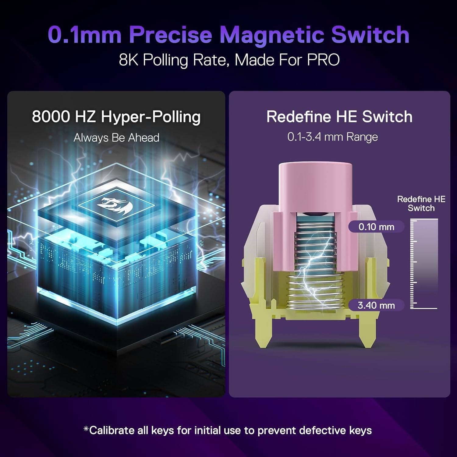 0.1mm Precise Magnetic Switch  
8K Polling Rate, Made For PRO  

8000 HZ Hyper-Polling  
Always Be Ahead  

Redefine HE Switch  
0.1-3.4 mm Range  

0.10 mm  
3.40 mm  

*Calibrate all keys for initial use to prevent defective keys