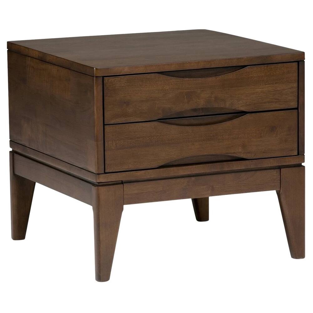 Front. Simpli Home - Harper Square Mid-Century Modern Solid Hardwood 2-Drawer End Table - Dark Walnut Brown.