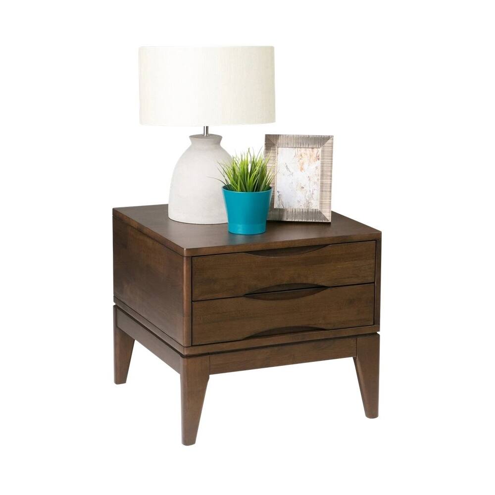 Left. Simpli Home - Harper Square Mid-Century Modern Solid Hardwood 2-Drawer End Table - Dark Walnut Brown.
