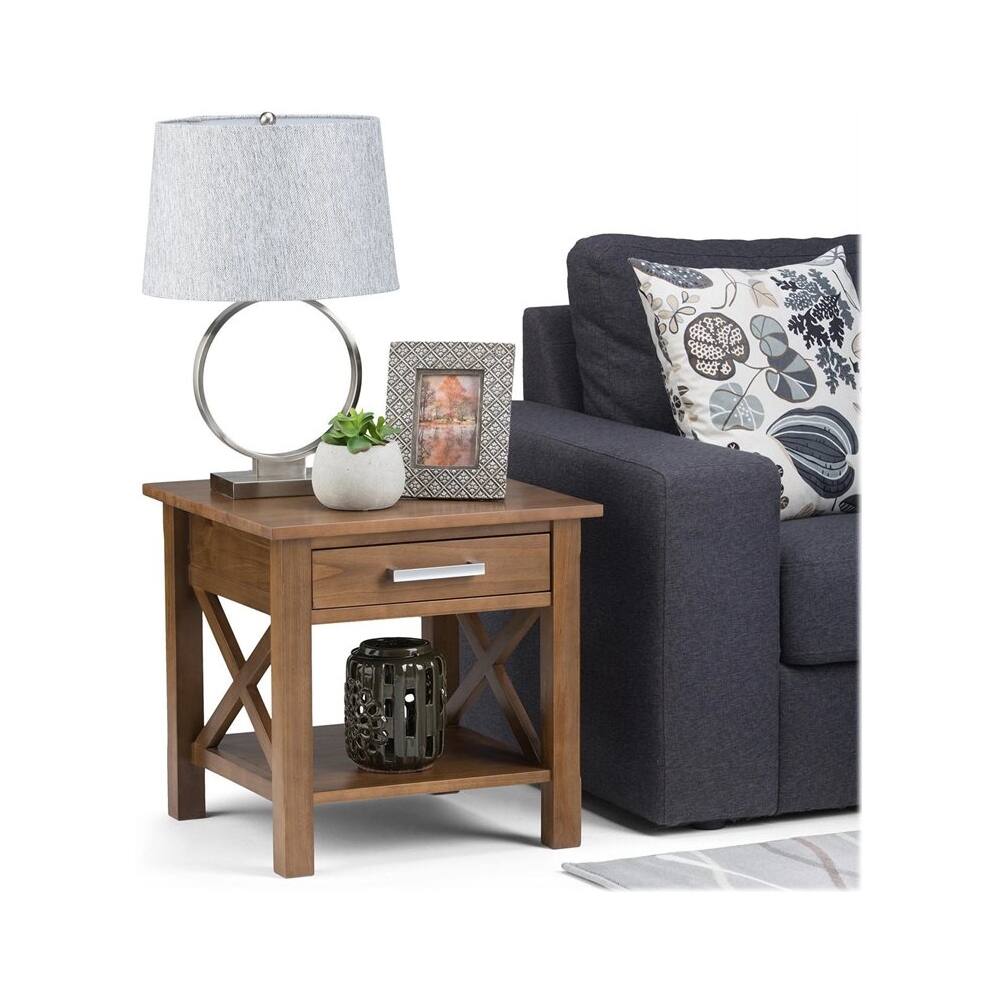 Left. Simpli Home - Kitchener Rectangular Contemporary Wood 1-Drawer Side Table - Medium Saddle Brown.