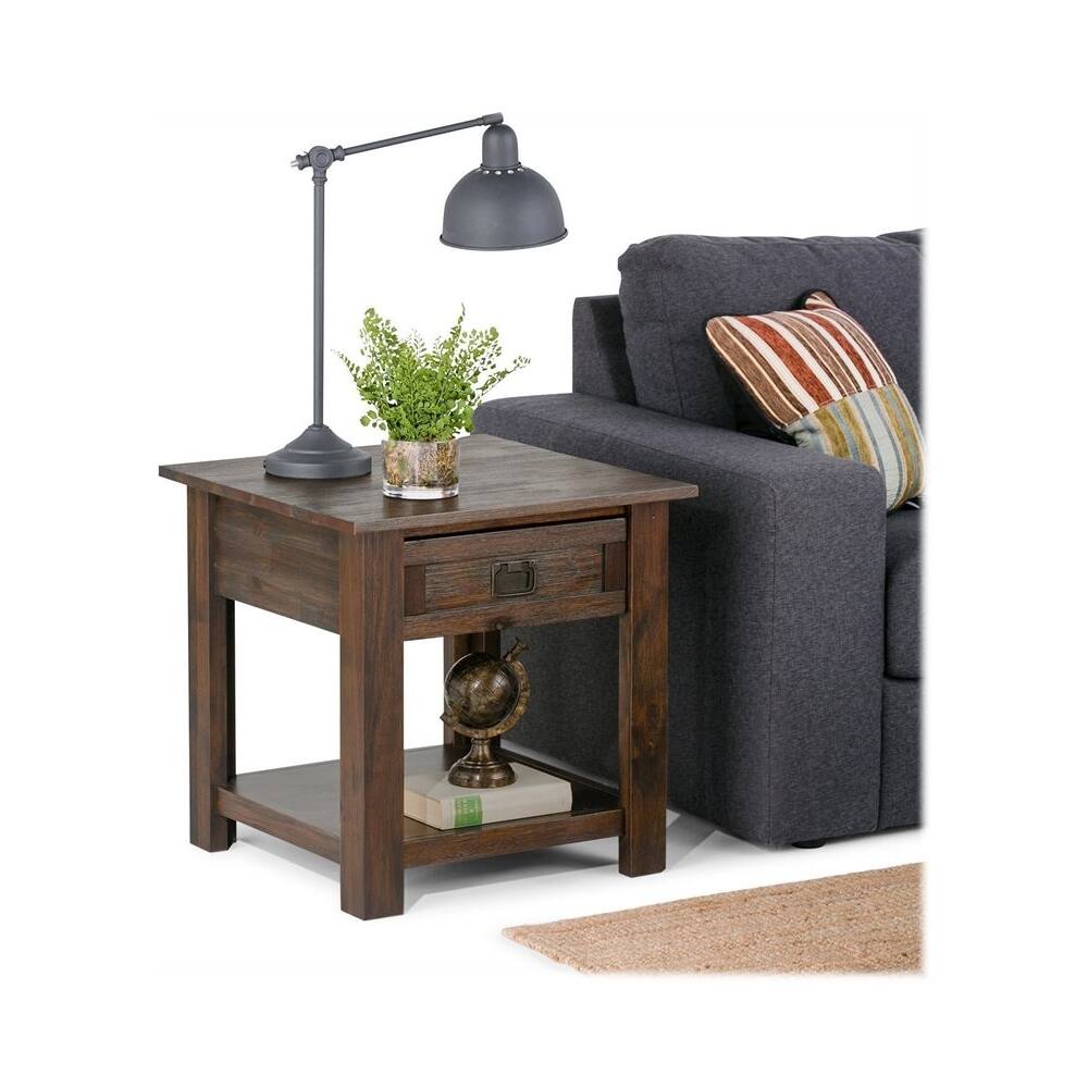 Left. Simpli Home - Monroe Square Rustic Contemporary Solid Acacia Wood 1-Drawer End Side Table - Distressed Charcoal Brown.