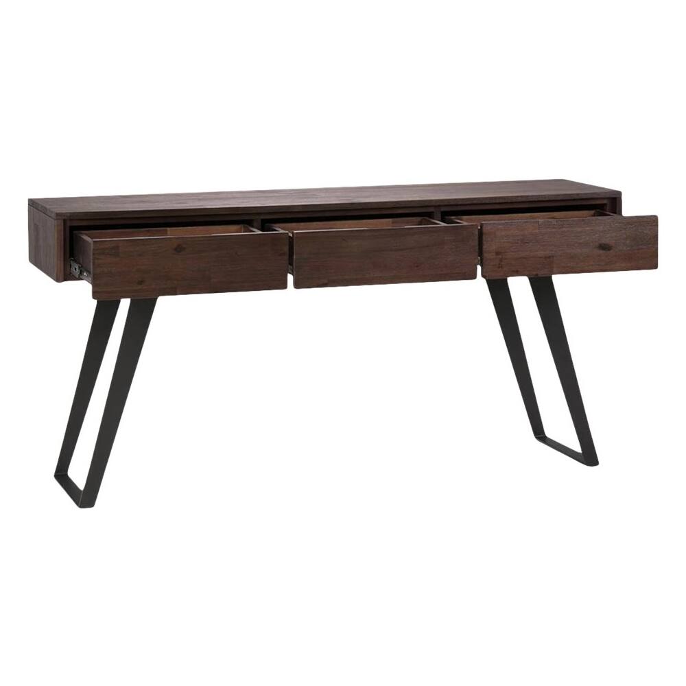 Left. Simpli Home - Lowry SOLID ACACIA WOOD and Metal 60 inch Wide Modern Industrial Console Sofa Table in Distressed Charcoal Brown - Distressed Charcoal Brown.