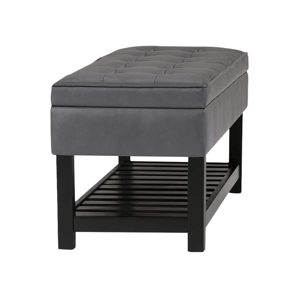 Left View: Simpli Home - Cosmopolitan Rectangular Traditional Wood/Plywood Bench Ottoman With Inner Storage - Stone Gray