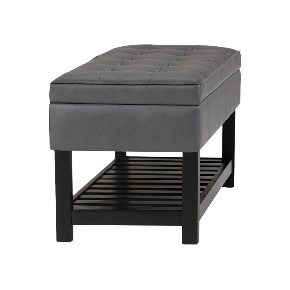 Left. Simpli Home - Cosmopolitan Rectangular Traditional Wood/Plywood Bench Ottoman With Inner Storage - Stone Gray.