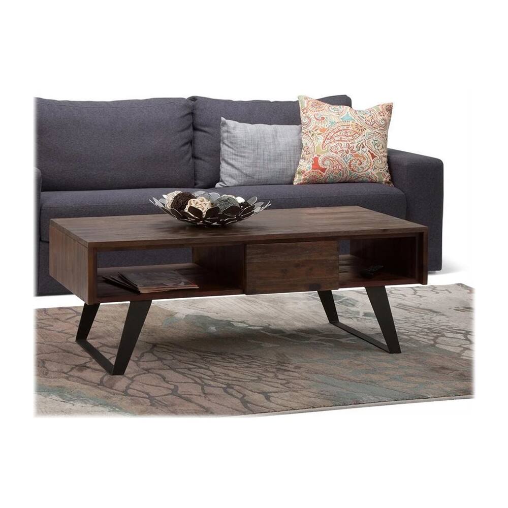 Left. Simpli Home - Lowry Rectangular Modern Industrial Solid Acacia Wood 2-Drawer Coffee Table - Distressed Charcoal Brown.