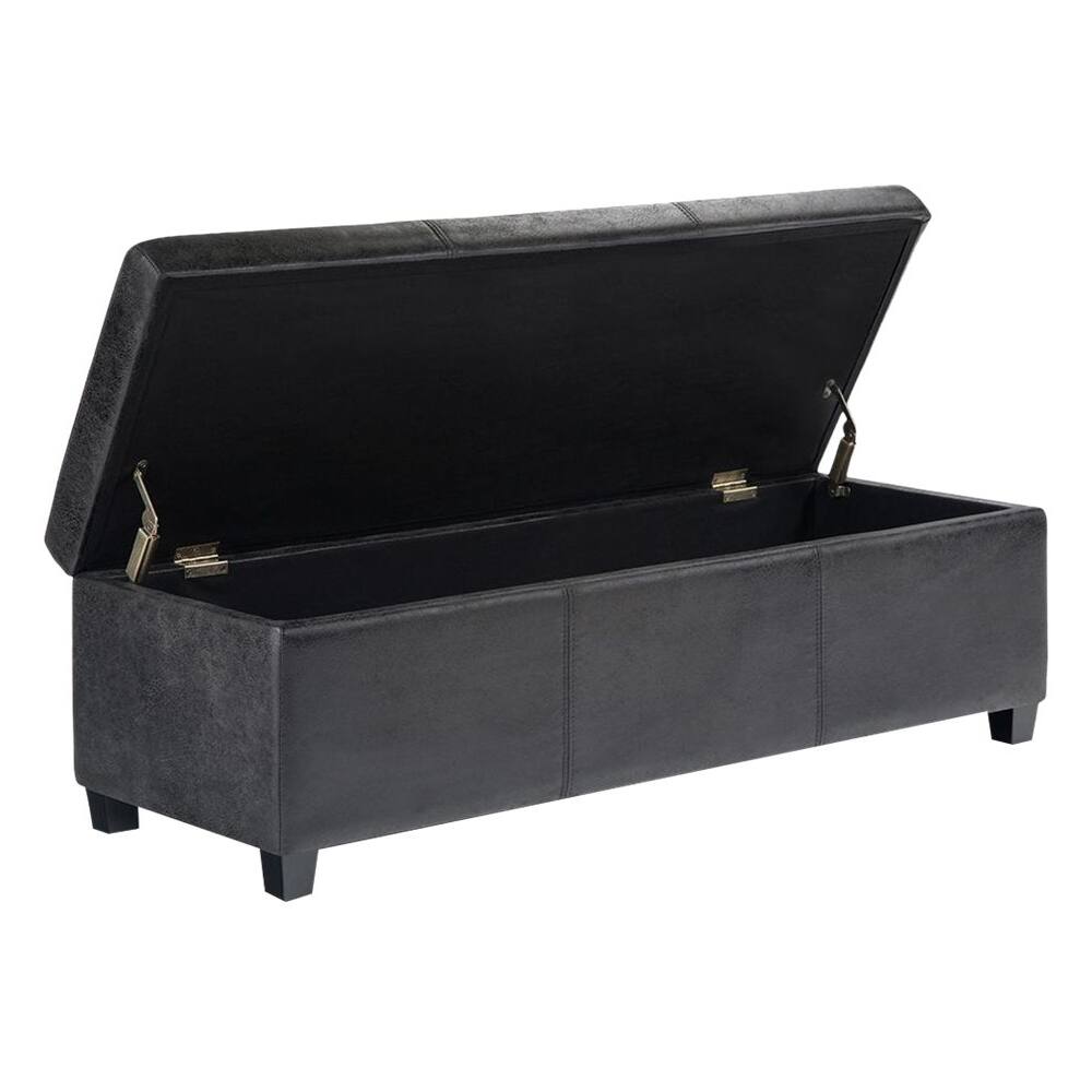 Left. Simpli Home - Avalon Rectangular Contemporary Wood/Foam Bench Ottoman With Inner Storage - Distressed Black.