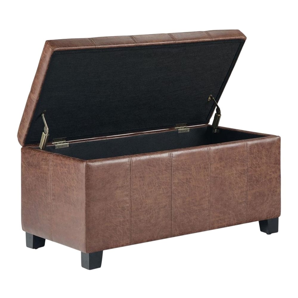 Left. Simpli Home - Dover Rectangular Contemporary Wood/Foam Bench Ottoman With Inner Storage - Distressed Umber Brown.