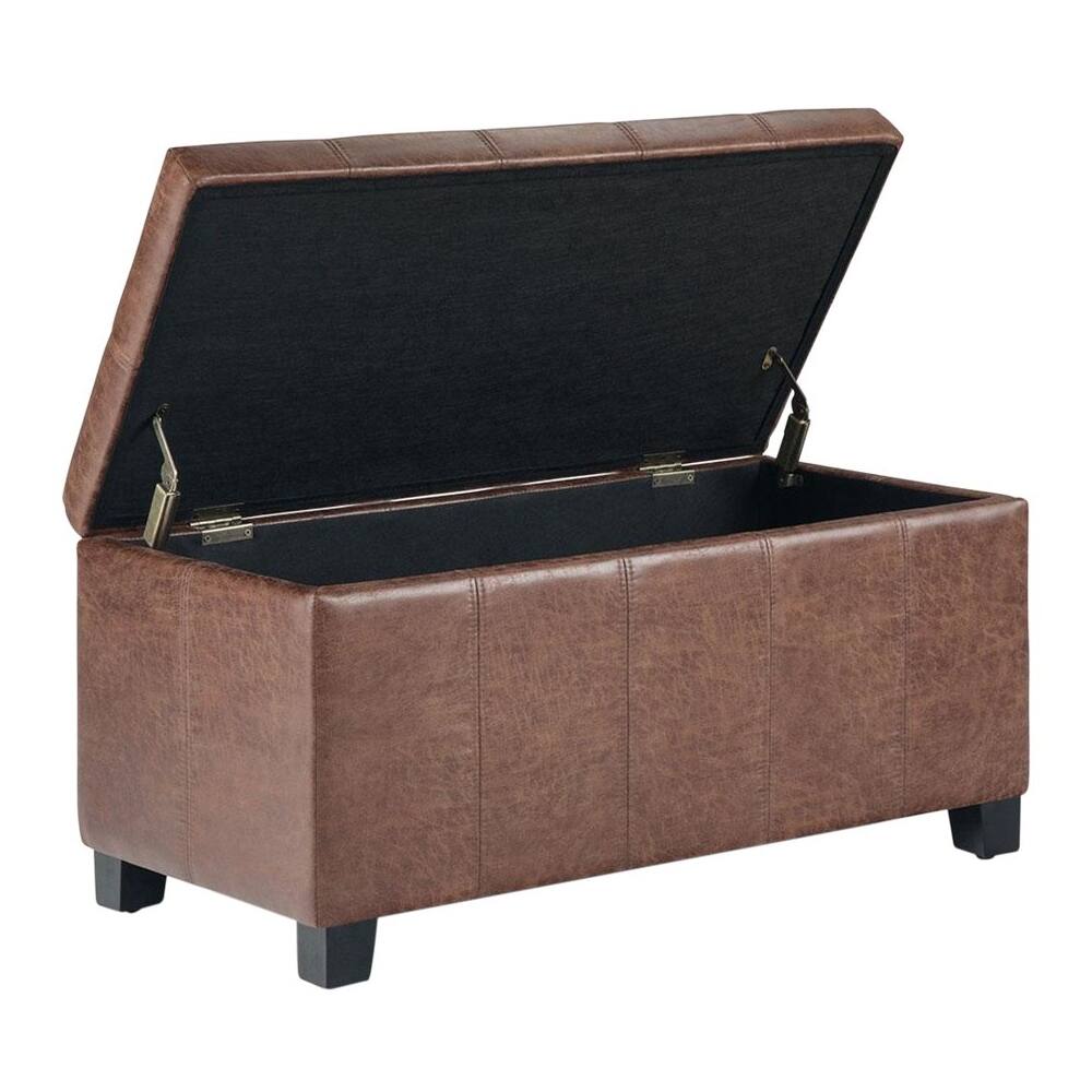 Left. Simpli Home - Dover Rectangular Contemporary Wood/Foam Bench Ottoman With Inner Storage - Distressed Umber Brown.