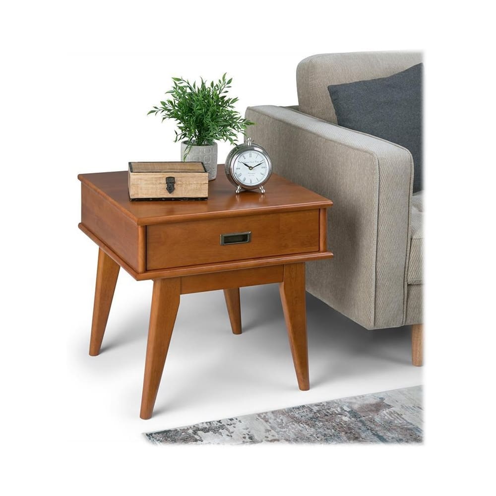 Front. Simpli Home - Draper Rectangular Mid-Century Modern 1-Drawer End Table - Teak Brown.