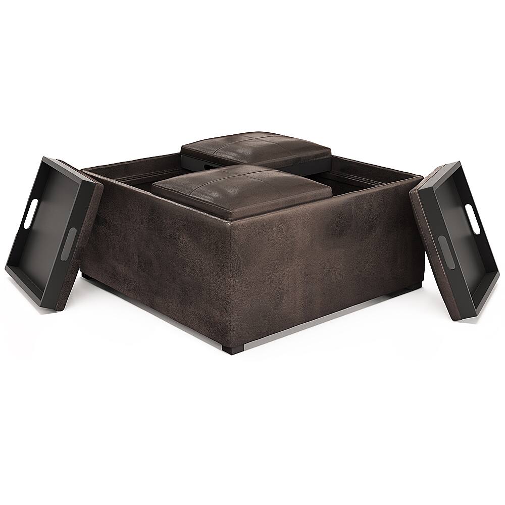 Left. Simpli Home - Avalon 35 inch Wide Contemporary Square Coffee Table Storage Ottoman - Distressed Brown.