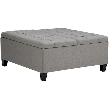 Front. Simpli Home - Harrison 36 inch Wide Transitional Square Coffee Table Storage Ottoman in Dove Grey Linen Look Fabric - Dove Gray.