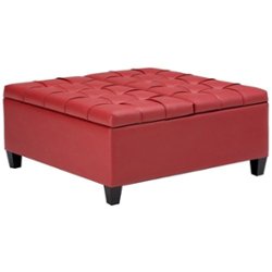Simpli Home - Harrison 36 inch Wide Transitional Square Coffee Table Storage Ottoman in Faux Leather - Crimson Red - Front_Zoom