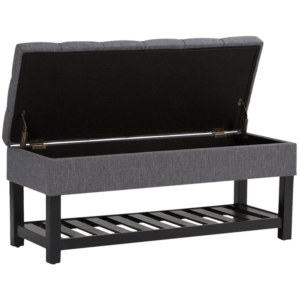 Left. Simpli Home - Saxon Rectangular Traditional Wood/Engineered Wood Bench Ottoman With Inner Storage - Slate Gray.