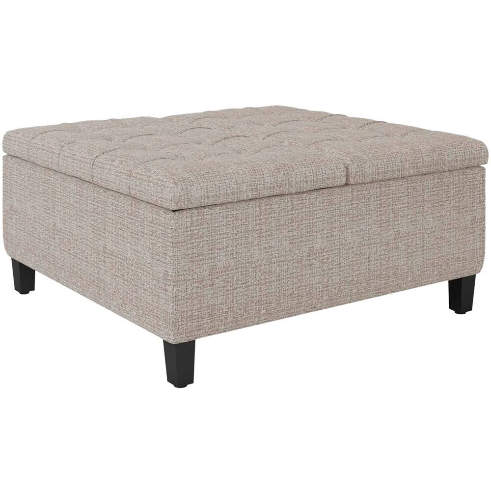Left. Simpli Home - Harrison 36 inch Wide Transitional Square Coffee Table Storage Ottoman in Platinum Tweed Look Fabric - Platinum.