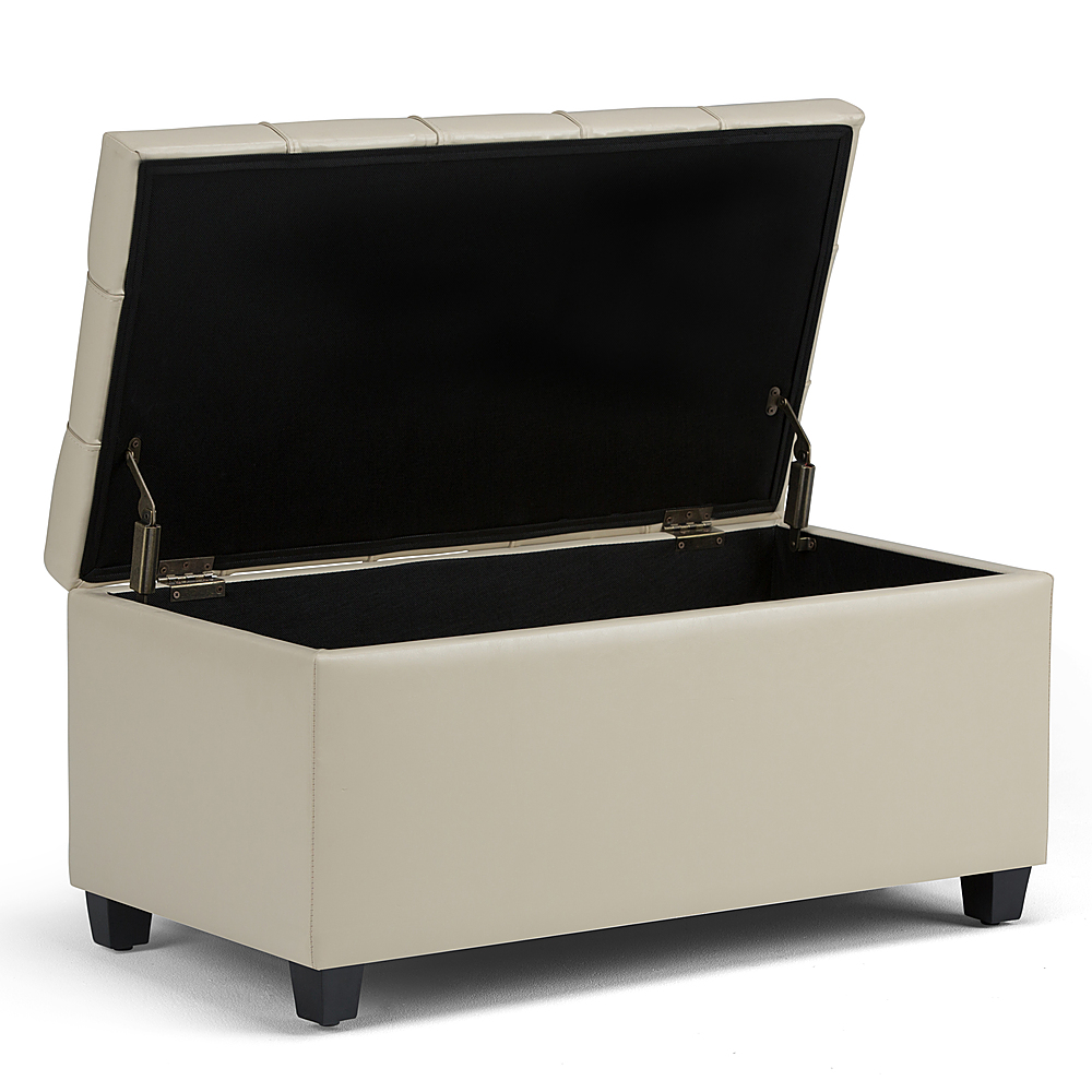 Left View: Simpli Home - Sienna 34 inch Wide Transitional Rectangle Storage Ottoman Bench in Faux Leather - Satin Cream