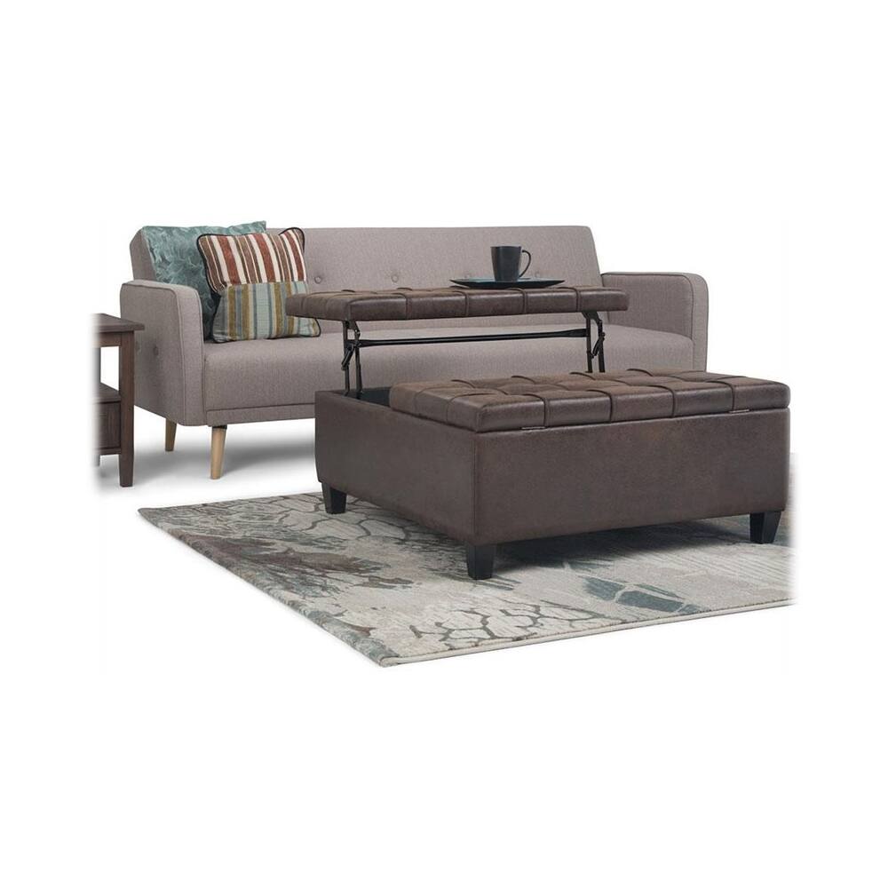 Alt View 15. Simpli Home - Harrison 36 inch Wide Transitional Square Coffee Table Storage Ottoman in Distressed Brown Faux Leather - Distressed Brown.