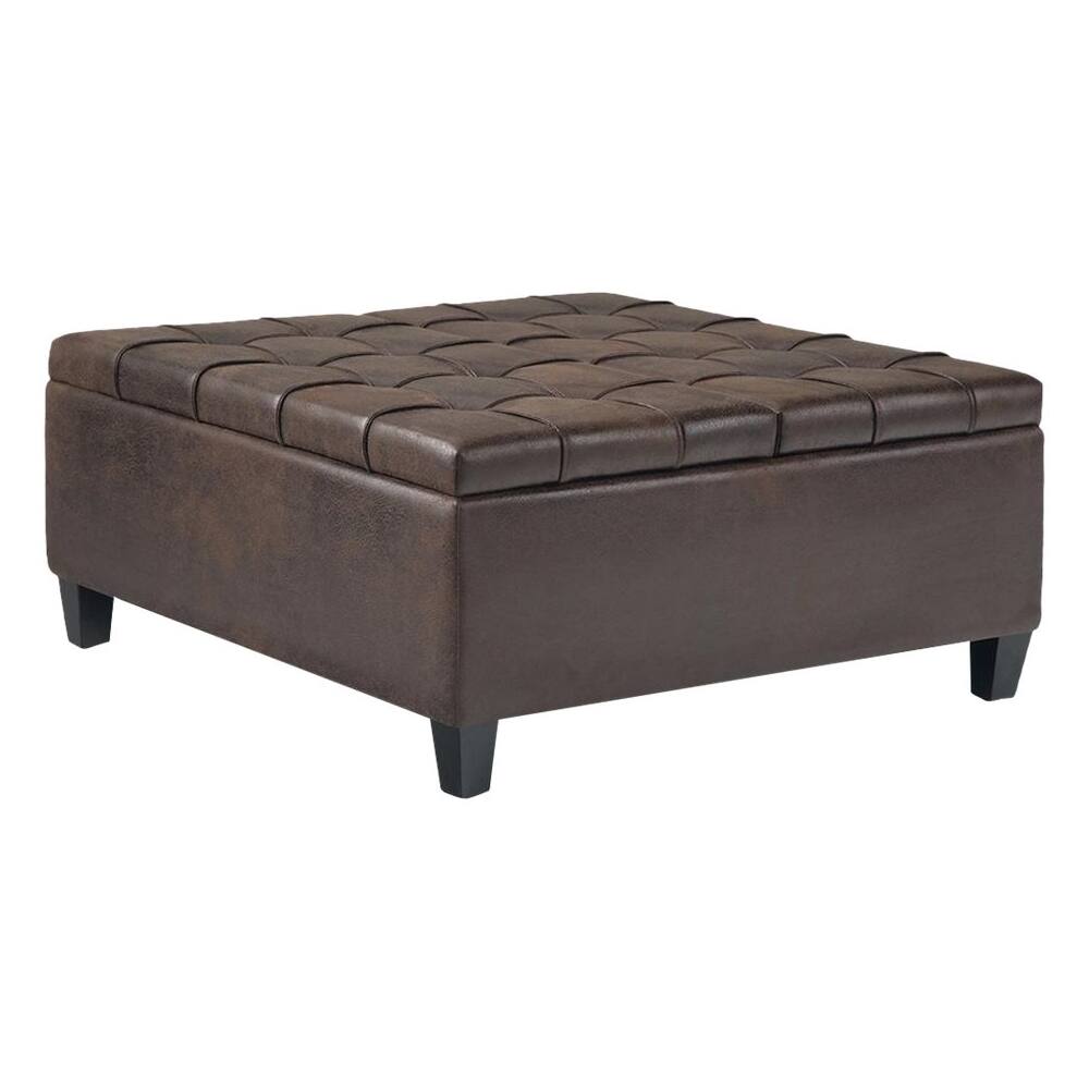 Left. Simpli Home - Harrison 36 inch Wide Transitional Square Coffee Table Storage Ottoman in Distressed Brown Faux Leather - Distressed Brown.