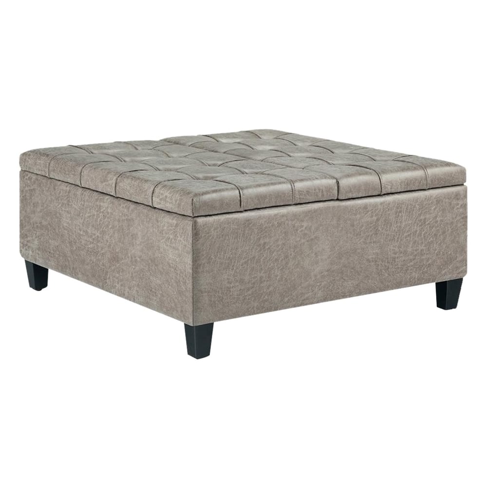 Simpli Home – Harrison 36 inch Wide Transitional Square Coffee Table Storage Ottoman in Distressed Grey Taupe Faux Leather – Distressed Gray Taupe Sansujyuku sansujyuku.com