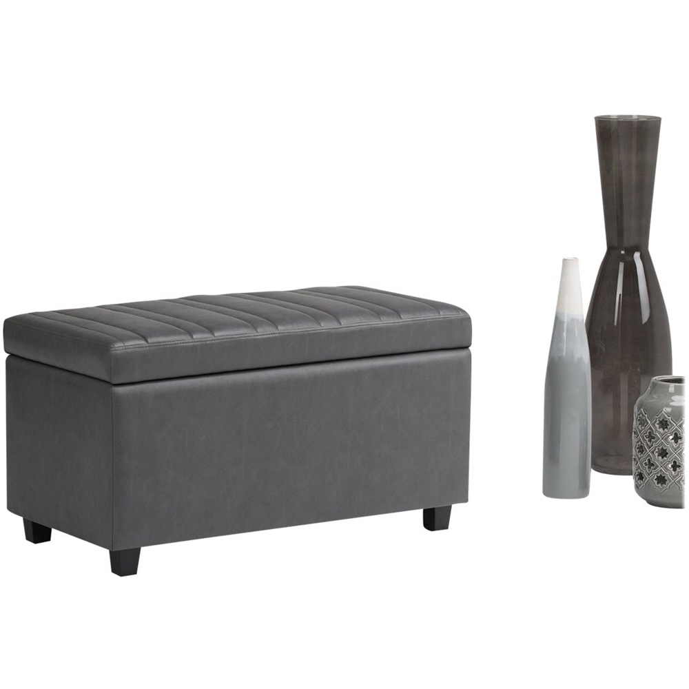 Left View: Simpli Home - Darcy Rectangular Traditional Wood/Polyurethane Faux Leather Bench Ottoman With Inner Storage - Stone Gray