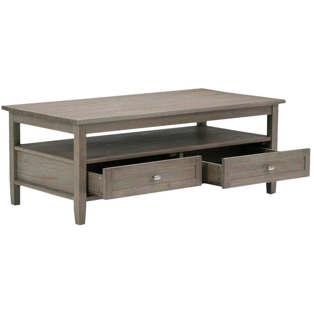 Left. Simpli Home - Warm Shaker Rectangular Rustic Wood 2-Drawer Coffee Table - Distressed Gray.