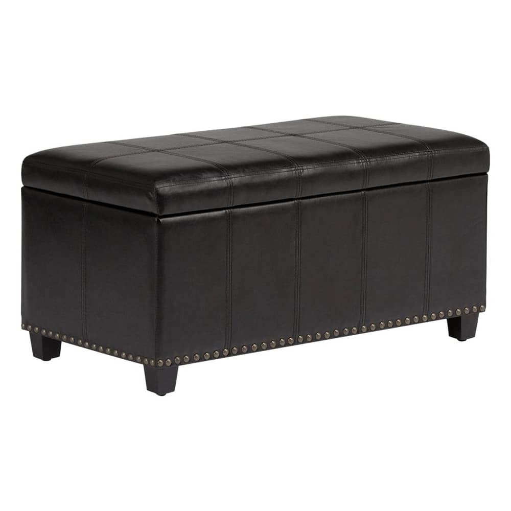 Left View: Simpli Home - Amelia 34 inch Wide Transitional Rectangle Storage Ottoman Bench in Faux Leather - Midnight Black