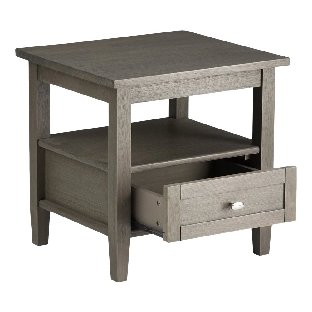 Left View: Simpli Home - Warm Shaker SOLID WOOD 20 inch Wide Rectangle Transitional End Side Table in Farmhouse Grey - Farmhouse Gray