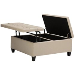 Simpli Home - Harrison 36 inch Wide Transitional Square Coffee Table Storage Ottoman in Faux Leather - Satin Cream - Front_Zoom