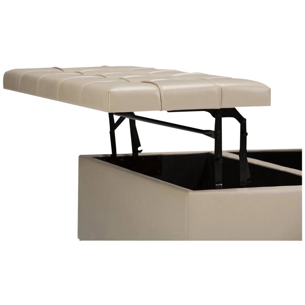 Alt View 12. Simpli Home - Harrison 36 inch Wide Transitional Square Coffee Table Storage Ottoman in Satin Cream Faux Leather - Satin Cream.