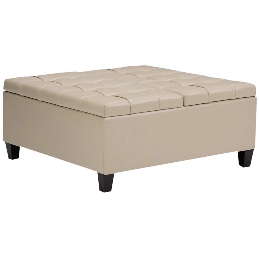 Left. Simpli Home - Harrison 36 inch Wide Transitional Square Coffee Table Storage Ottoman in Satin Cream Faux Leather - Satin Cream.