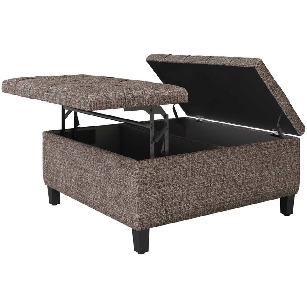 Left. Simpli Home - Harrison 36 inch Wide Transitional Square Coffee Table Storage Ottoman in Mink Brown Tweed Look Fabric - Mink Brown.