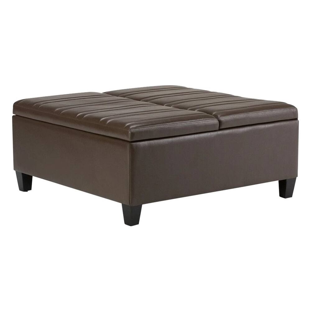 Alt View 11. Simpli Home - Ellis Contemporary Wood/Polyurethane Faux Leather Ottoman - Chocolate Brown.