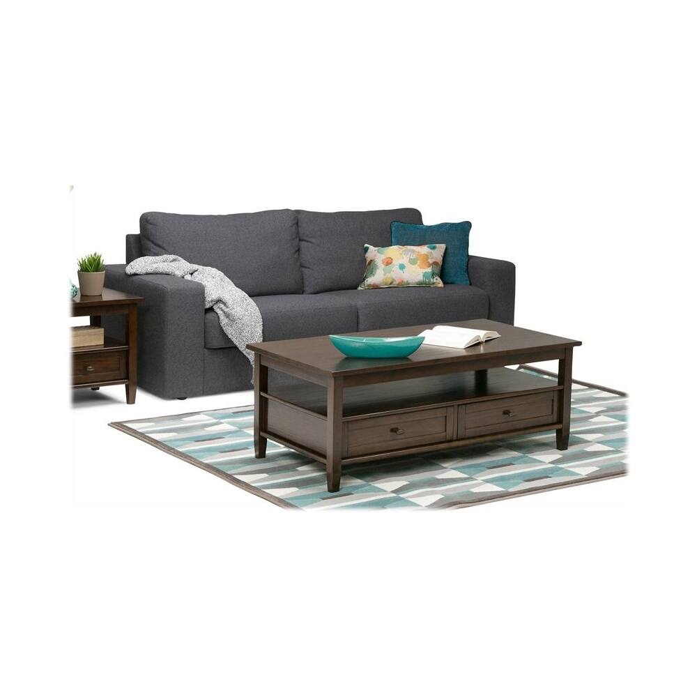 Left. Simpli Home - Warm Shaker Rectangular Rustic Wood 2-Drawer Coffee Table - Tobacco Brown.