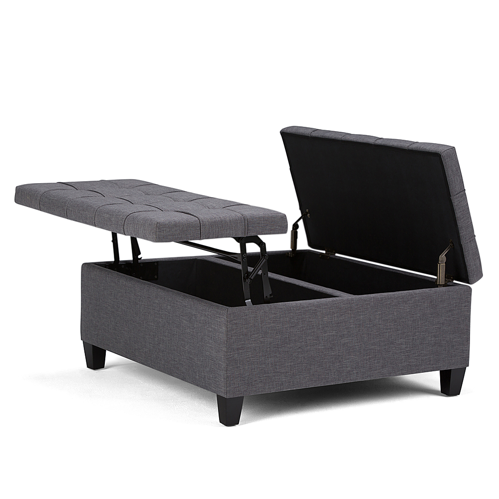 Left. Simpli Home - Harrison 36 inch Wide Transitional Square Coffee Table Storage Ottoman in Slate Grey Linen Look Fabric - Slate Gray.