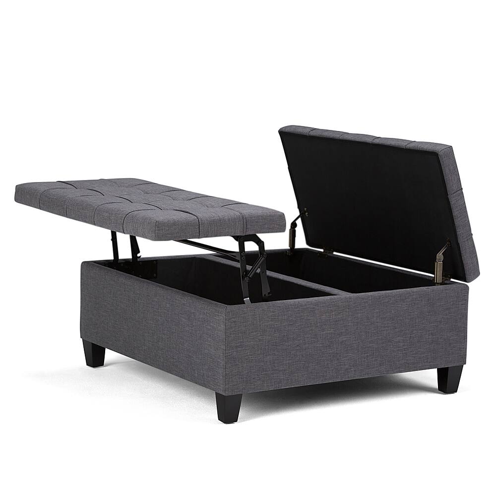 Left. Simpli Home - Harrison 36 inch Wide Transitional Square Coffee Table Storage Ottoman in Slate Grey Linen Look Fabric - Slate Gray.