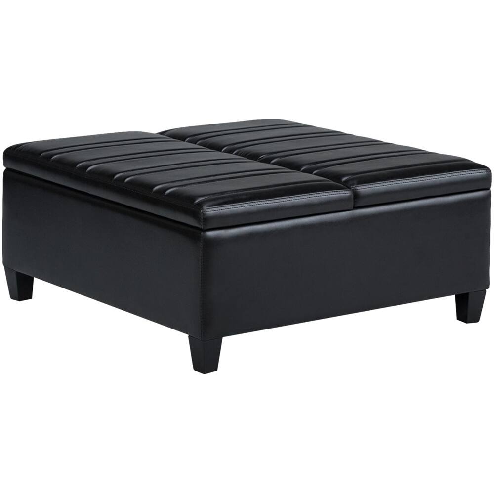 Front. Simpli Home - Ellis Contemporary Wood/Polyurethane Faux Leather Ottoman - Midnight Black.