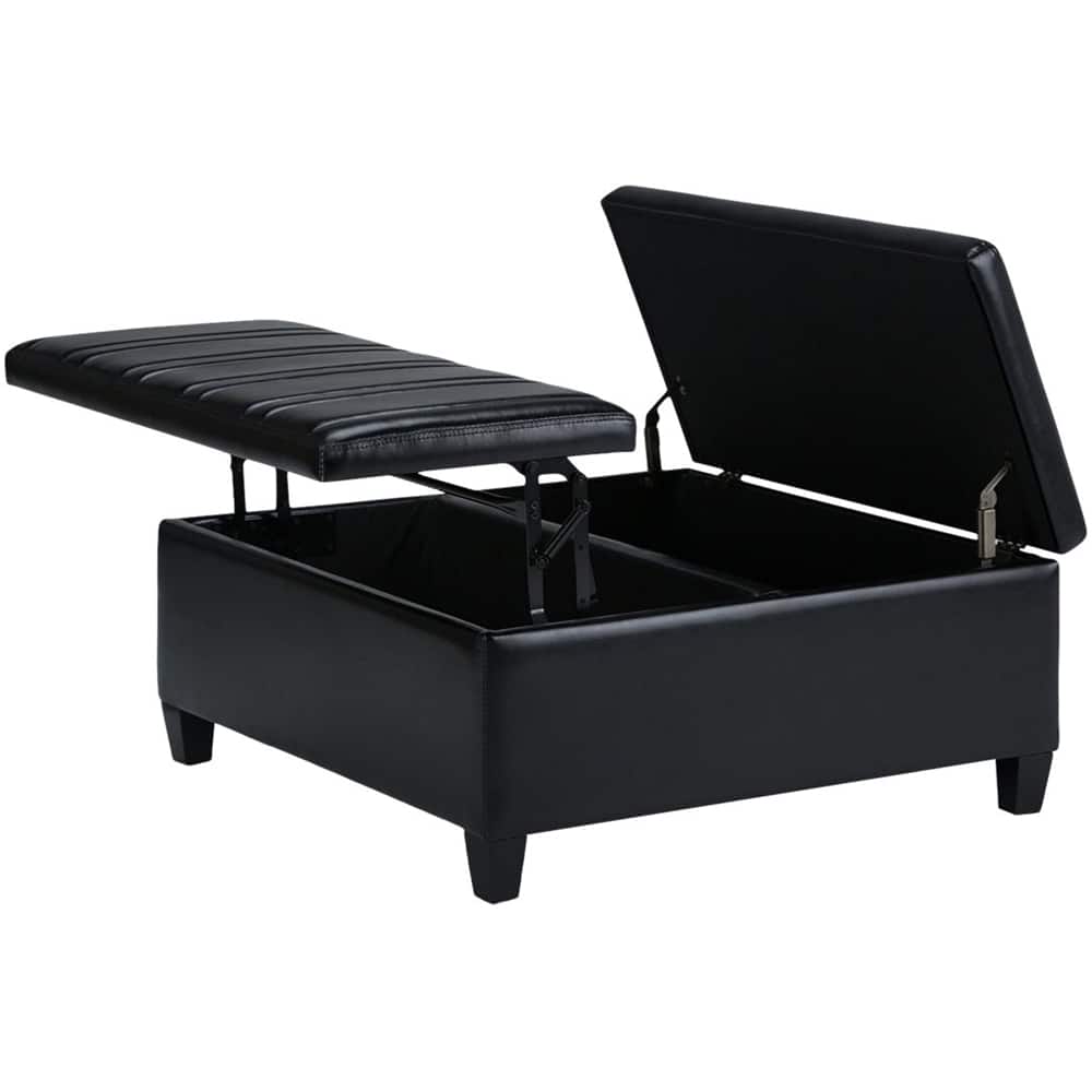 Left. Simpli Home - Ellis Contemporary Wood/Polyurethane Faux Leather Ottoman - Midnight Black.