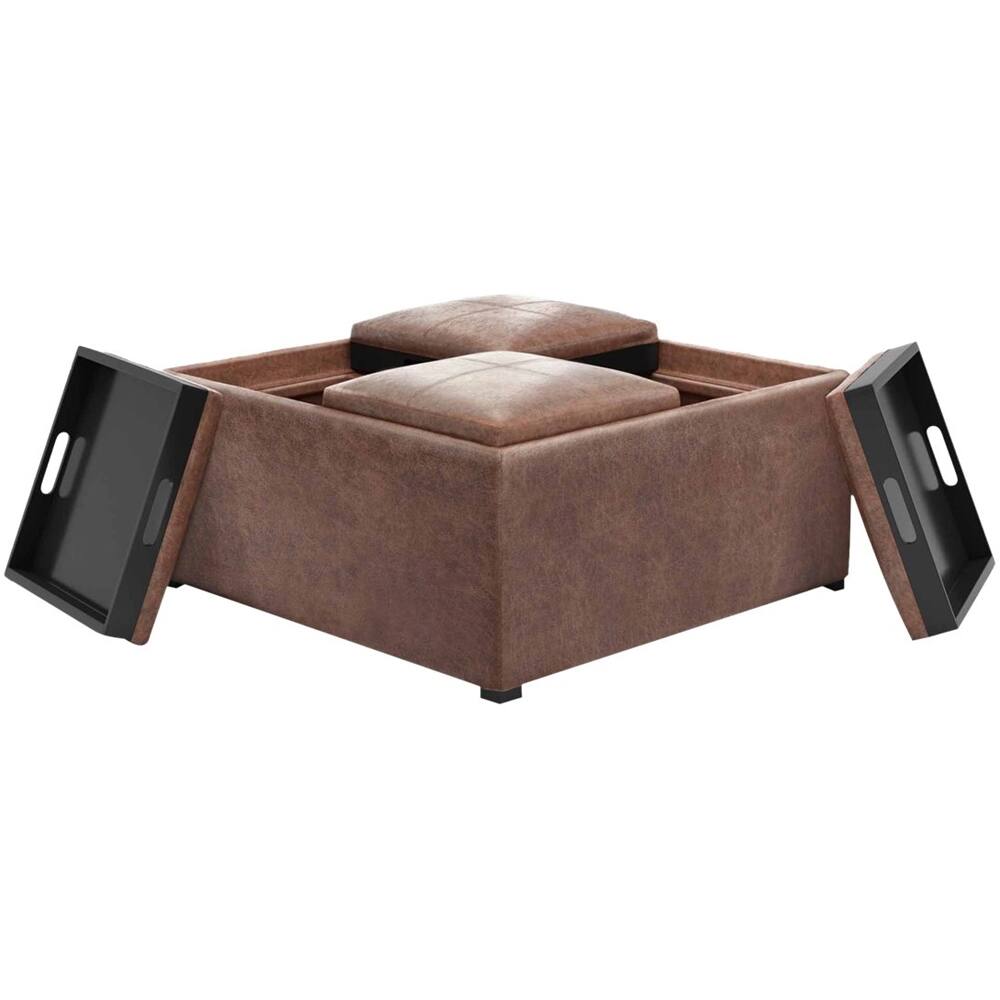 Alt View 11. Simpli Home - Avalon Square Contemporary Faux Air Leather Storage Ottoman - Distressed Umber Brown.