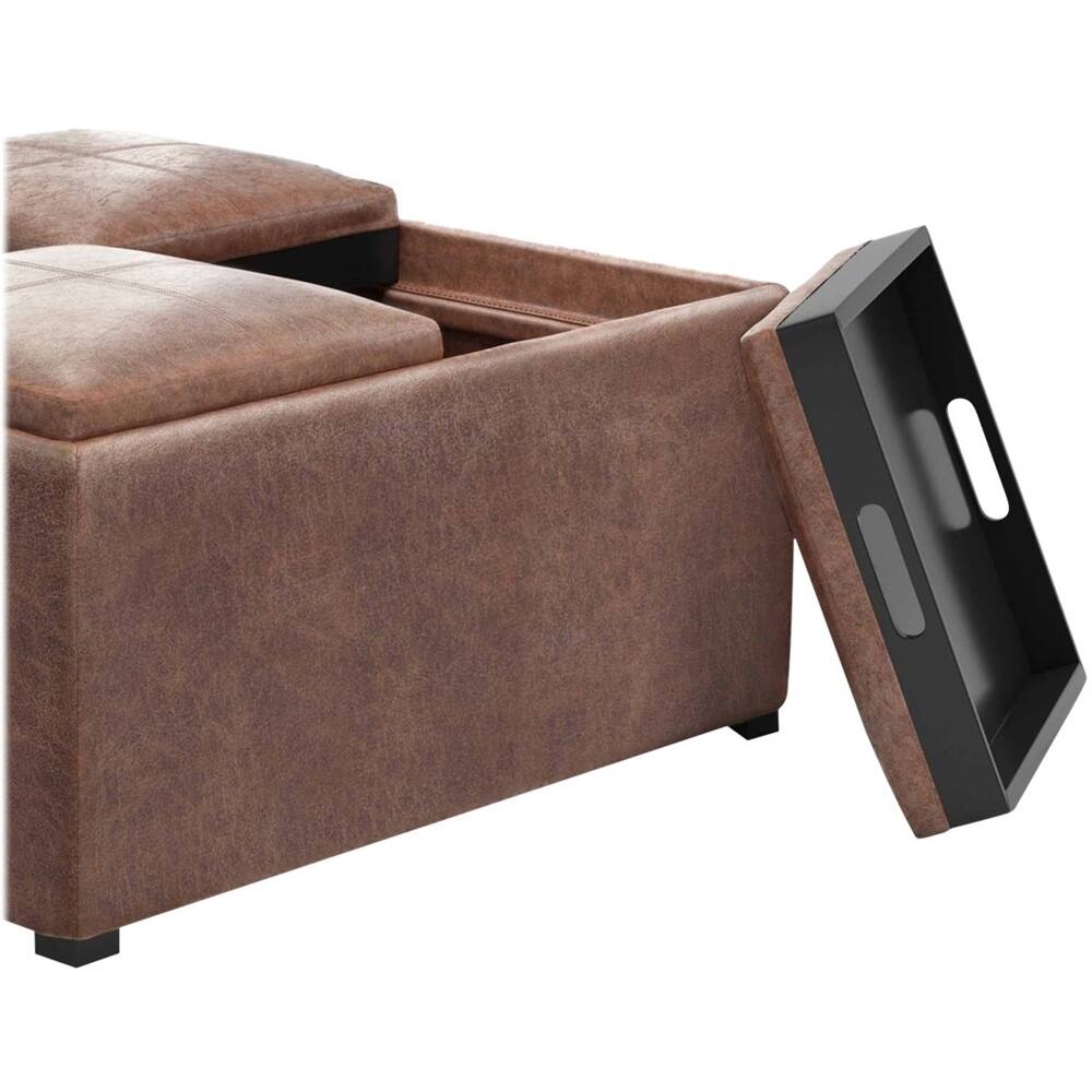 Alt View 14. Simpli Home - Avalon Square Contemporary Faux Air Leather Storage Ottoman - Distressed Umber Brown.