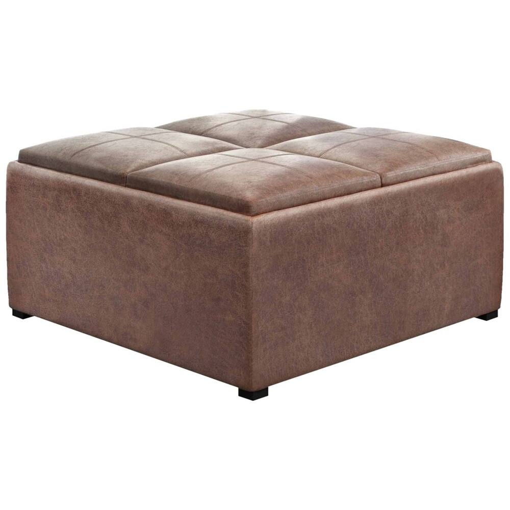 Left. Simpli Home - Avalon Square Contemporary Faux Air Leather Storage Ottoman - Distressed Umber Brown.