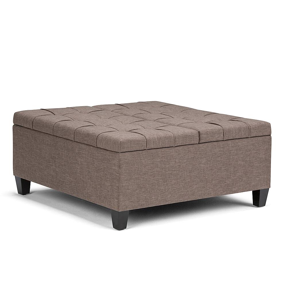 Angle. Simpli Home - Harrison 36 inch Wide Transitional Square Coffee Table Storage Ottoman in Fawn Brown Linen Look Fabric - Fawn Brown.