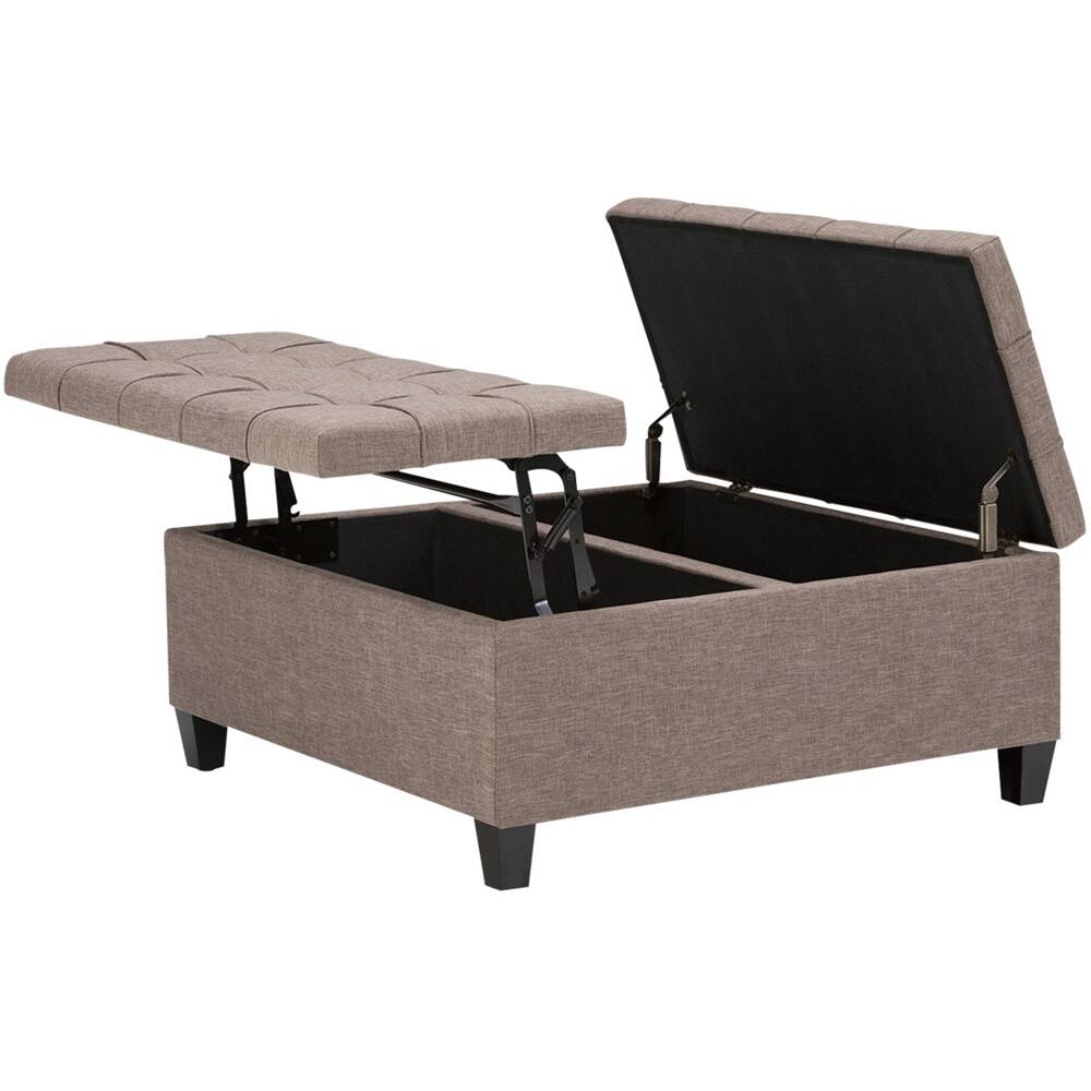 Left. Simpli Home - Harrison 36 inch Wide Transitional Square Coffee Table Storage Ottoman in Fawn Brown Linen Look Fabric - Fawn Brown.