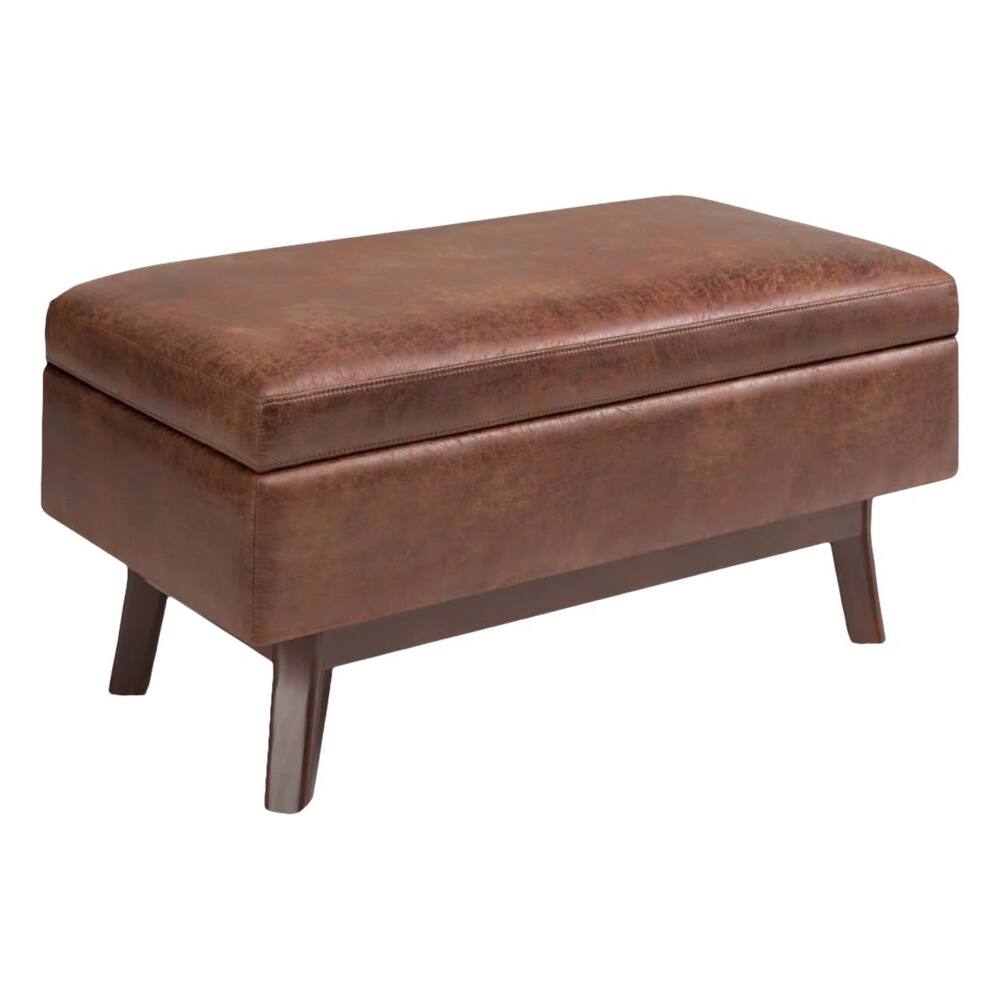 Left. Simpli Home - Owen Rectangular Mid-Century Modern High-Density Foam/Faux Air Leather Ottoman With Inner Storage - Distressed Saddle Brown.