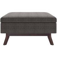Simpli Home - Owen Square Mid-Century Modern Woven Fabric/Faux Air Leather Ottoman With Inner Storage - Ebony - Front_Zoom