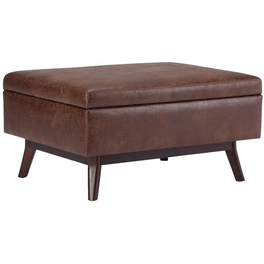Left. Simpli Home - Owen Mid-Century Modern Faux Air Leather Ottoman With Inner Storage - Distressed Saddle Brown.