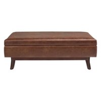 Simpli Home - Owen Rectangular Mid-Century Modern High-Density Foam/Faux Air Leather Ottoman With Inner Storage - Distressed Saddle Brown - Front_Zoom