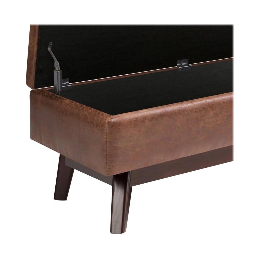 Alt View 14. Simpli Home - Owen Rectangular Mid-Century Modern High-Density Foam/Faux Air Leather Ottoman With Inner Storage - Distressed Saddle Brown.