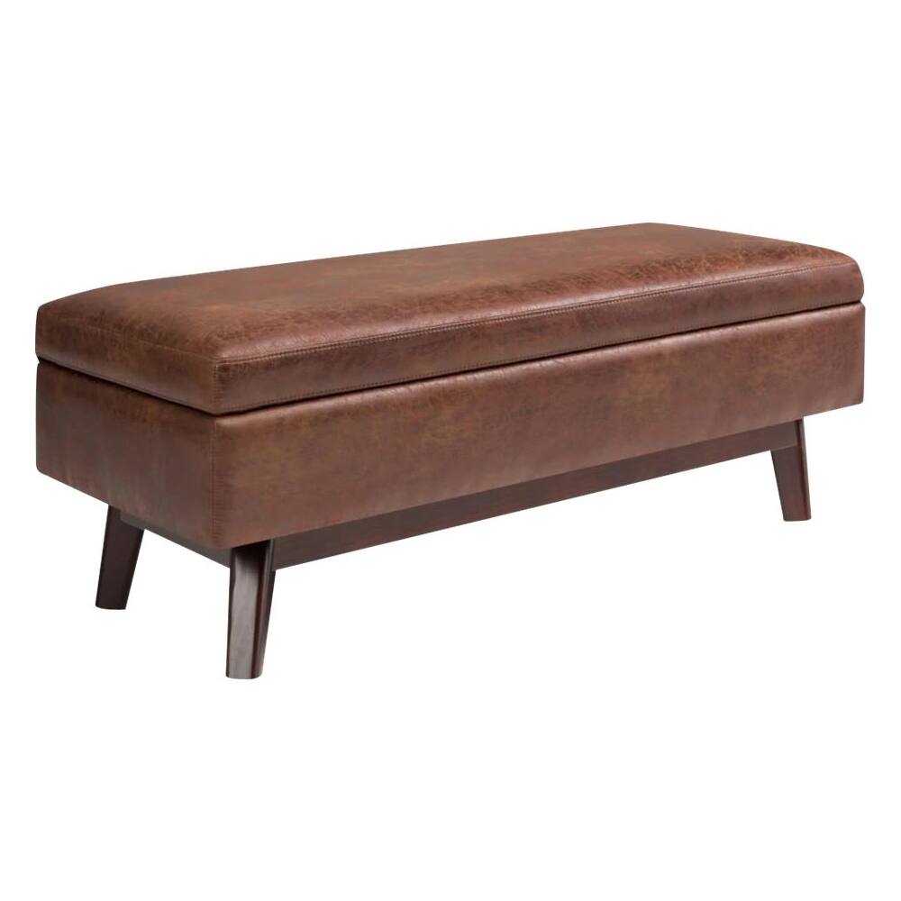 Left. Simpli Home - Owen Rectangular Mid-Century Modern High-Density Foam/Faux Air Leather Ottoman With Inner Storage - Distressed Saddle Brown.