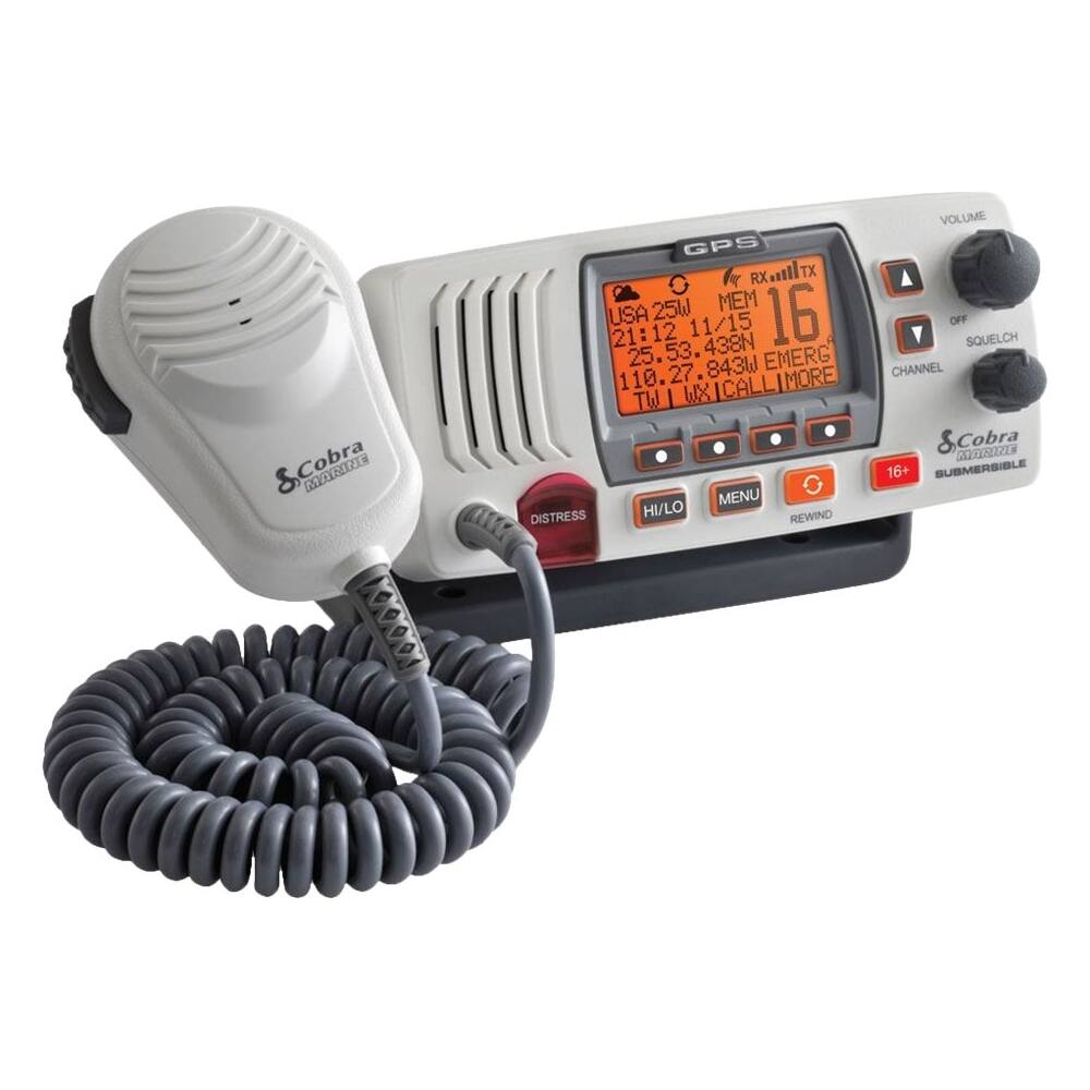 Left View: Cobra MR F77W GPS 25 Watt Class-D Fixed Mount VHF Radio - White