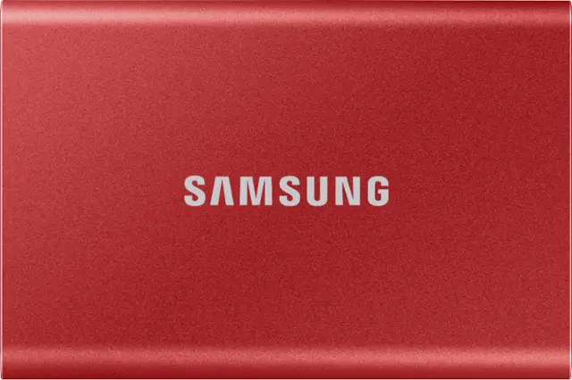 Front. Samsung - Geek Squad Certified Refurbished T7 2TB External USB 3.2 Gen 2 Portable SDD with Hardware Encryption - Metallic Red.